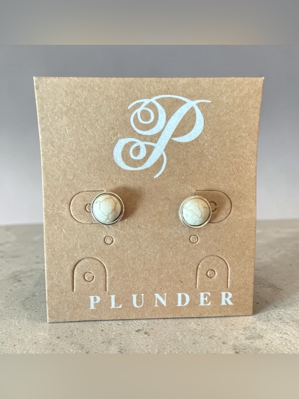 Plunder Cream Marbled Stone Stud Earrings with Silver Accents